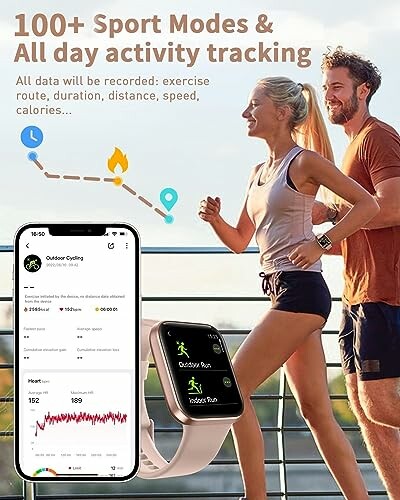 Man and woman jogging with fitness tracking smartwatch and smartphone app.