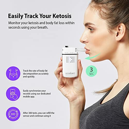 Woman using a ketosis breath monitor with features listed.