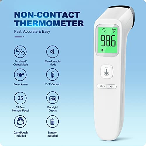 Non-contact thermometer with digital display and features list.