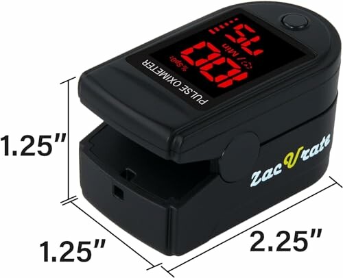 Pulse oximeter with dimensions 1.25 inches by 2.25 inches.