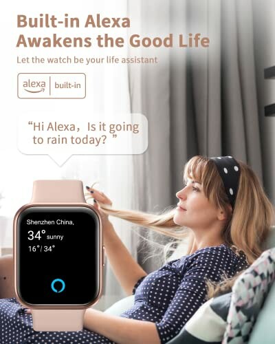 Woman using a smartwatch with Alexa feature.