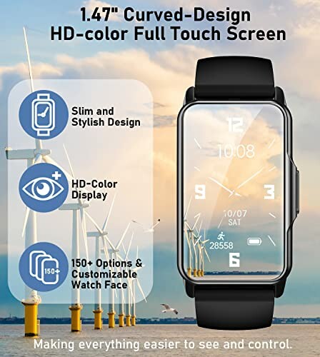 Smartwatch with 1.47-inch curved design and HD-color full touch screen, featuring slim design, customizable watch face, and multiple options.