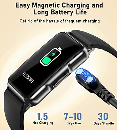 Smartwatch with easy magnetic charging and long battery life.