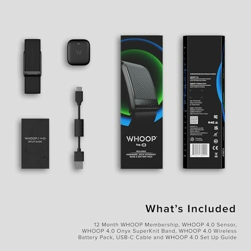 WHOOP 4.0 kit contents including sensor, band, battery pack, cable, and guide.