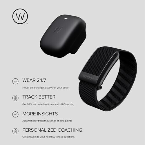 Whoop fitness tracker and charger with features list